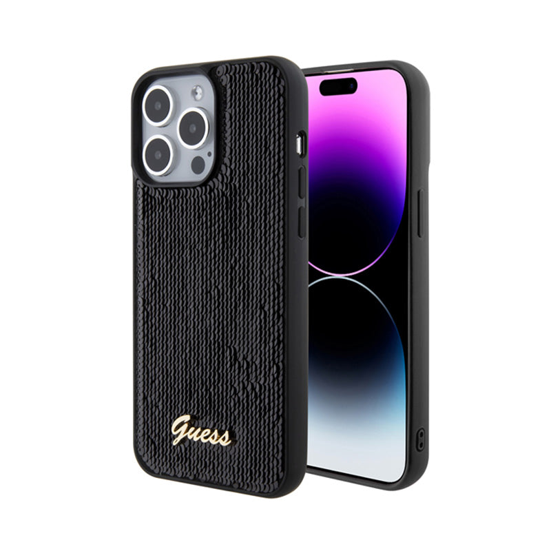 Guess Sequin Script Metal - dėklas skirtas iPhone 15 Pro Max (juodas)