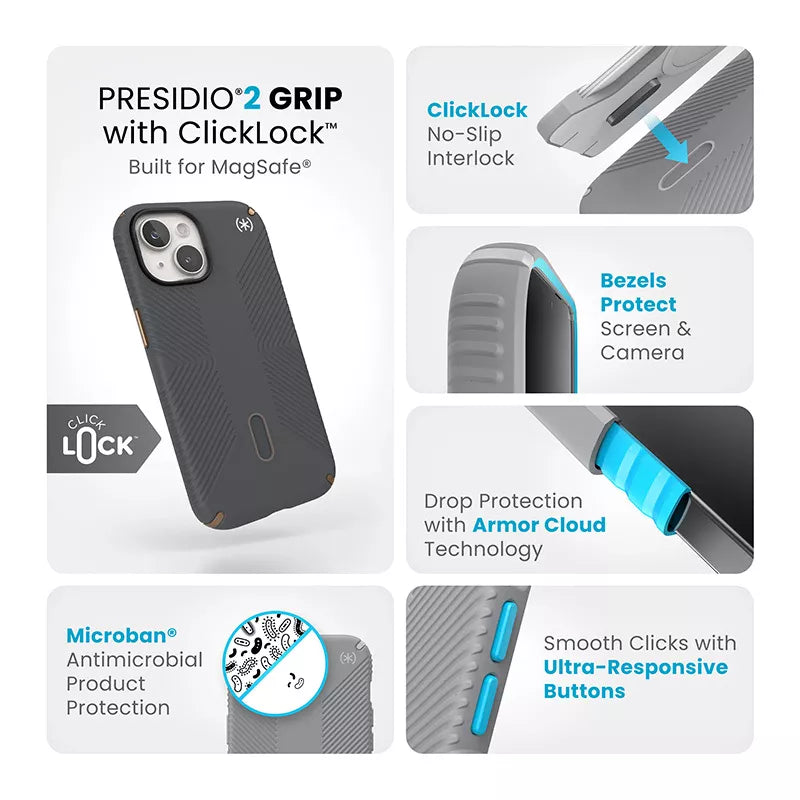 Speck Presidio2 Grip ClickLock & MagSafe – Dėklas iPhone 16e / iPhone 15 / iPhone 14 / iPhone 13 (Anglies pilka/Šalta bronza)