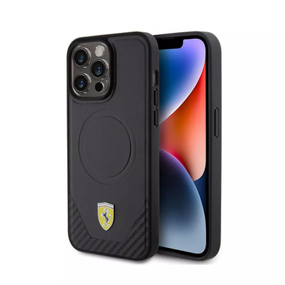 Ferrari Carbon Metal Logo MagSafe - dėklas, skirtas iPhone 15 Pro Max (juodas)