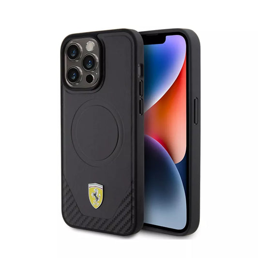 Ferrari Carbon Metal Logo MagSafe - dėklas, skirtas iPhone 15 Pro Max (juodas)