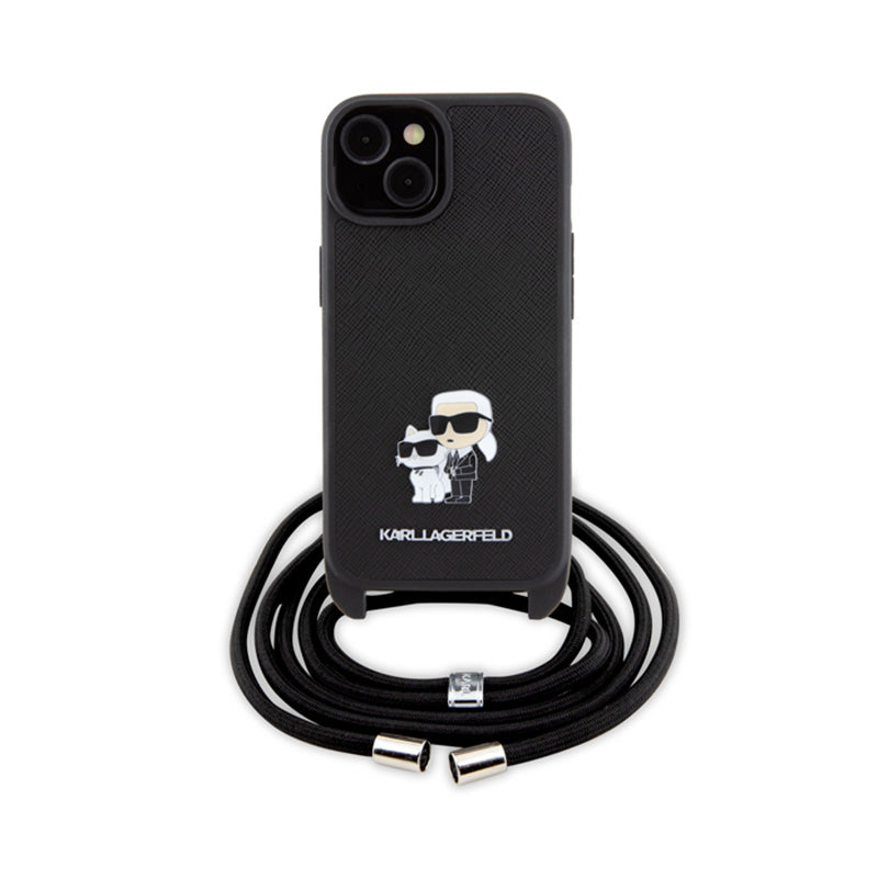 Karl Lagerfeld Rankinukas/Dėklas Saffiano su metaliniu segtuku Karl & Choupette, skirtas iPhone 15 Plus (Juodas)