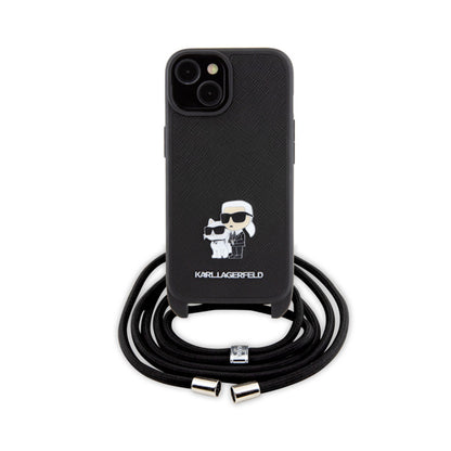 Karl Lagerfeld Rankinukas/Dėklas Saffiano su metaliniu segtuku Karl & Choupette, skirtas iPhone 15 Plus (Juodas)