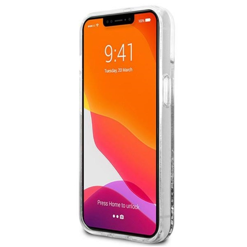 Karl Lagerfeld Liquid Glitter Karl & Choupette Head – dėklas skirtas iPhone 13 mini (sidabrinis)