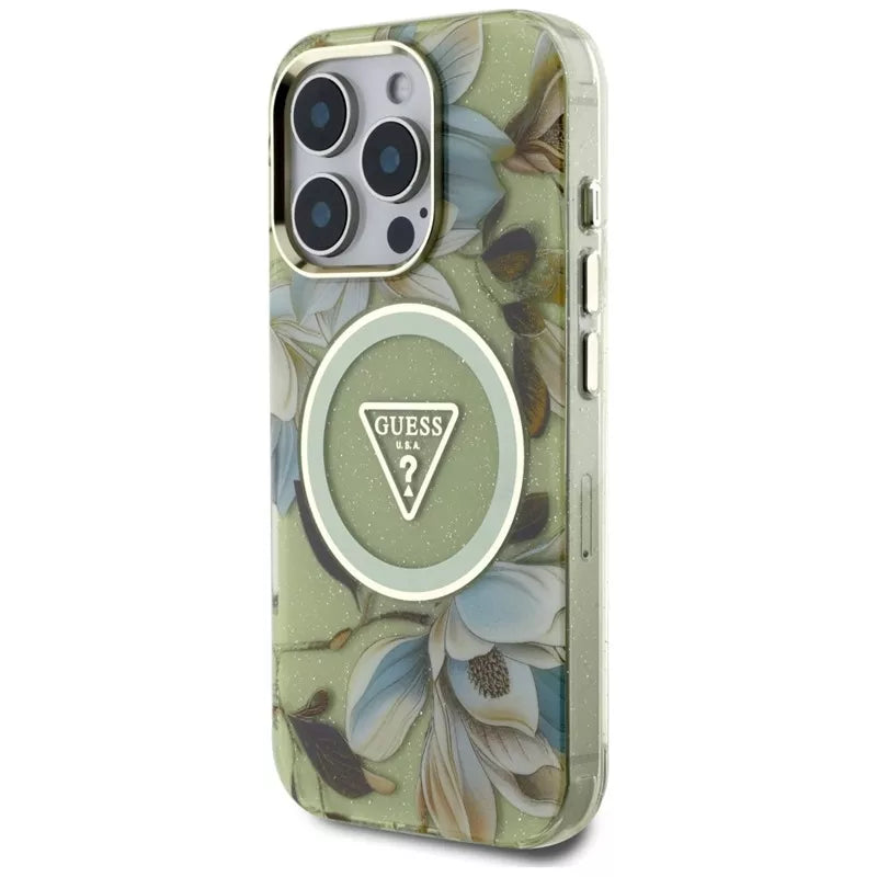 Guess Glitter Flowers Triangle Buttons MagSafe – dėklas iPhone 16 Pro (žalias)