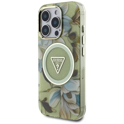Guess Glitter Flowers Triangle Buttons MagSafe – dėklas iPhone 16 Pro (žalias)