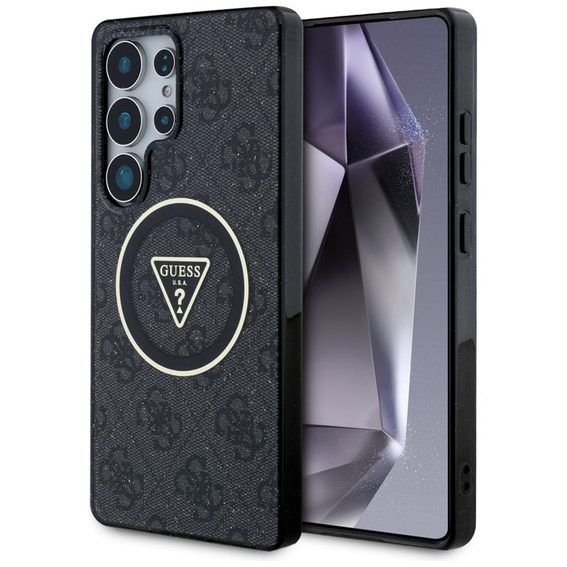 Guess 4G blizgūs trikampio formos mygtukai MagSafe – dėklas, skirtas Samsung Galaxy S25 Ultra (juodas)
