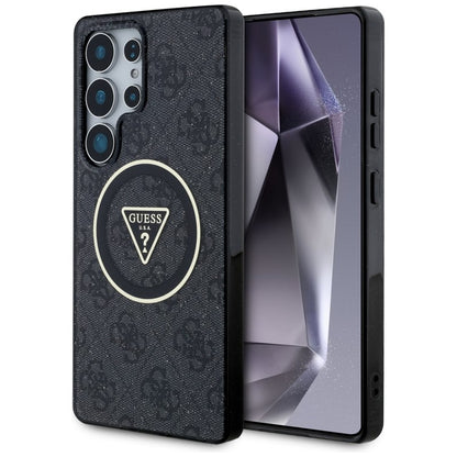 Guess 4G blizgūs trikampio formos mygtukai MagSafe – dėklas, skirtas Samsung Galaxy S25 Ultra (juodas)