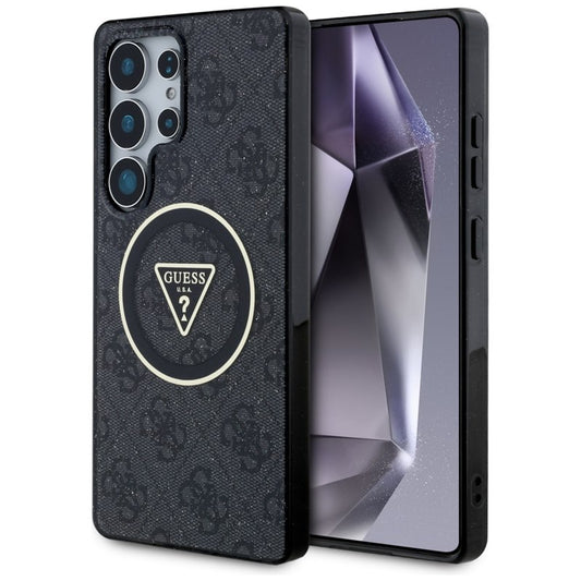 Guess 4G blizgūs trikampio formos mygtukai MagSafe – dėklas, skirtas Samsung Galaxy S25 Ultra (juodas)