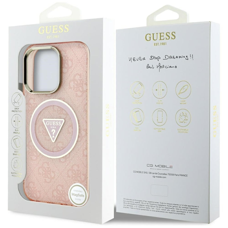 Guess IML Metal Glitter 4G Circle Triangle MagSafe – dėklas iPhone 16 Pro Max (rožinis)