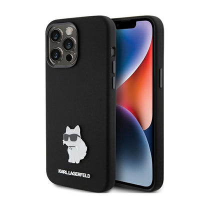 Karl Lagerfeld Silicone Choupette Metal Pin – iPhone 15 Pro Max dėklas (juodas)