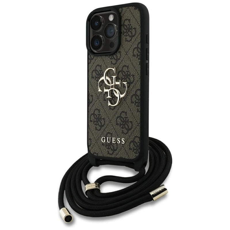 Guess 4G didelis logotipas su virvelės dirželiu – dėklas, skirtas iPhone 16 Pro (rudas)