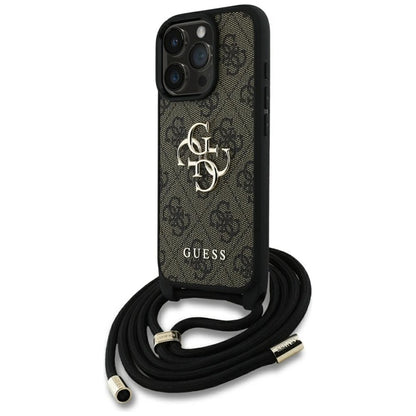 Guess 4G didelis logotipas su virvelės dirželiu – dėklas, skirtas iPhone 16 Pro (rudas)