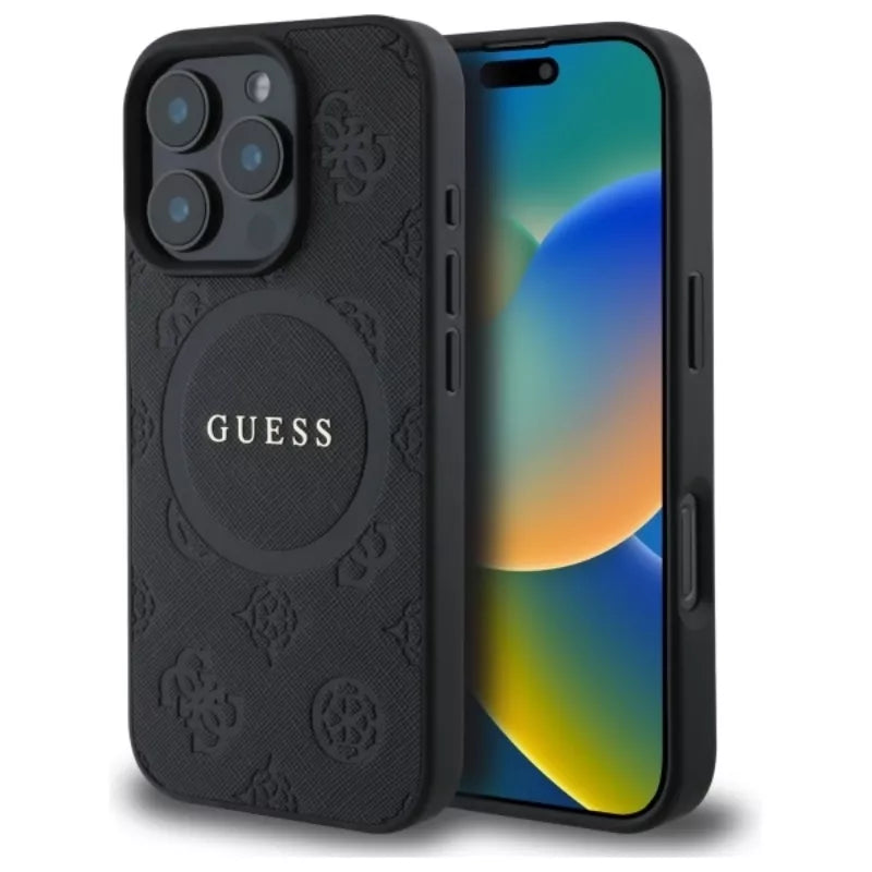 Guess Saffiano Peony Classic Logo MagSafe - dėklas iPhone 16 Pro Max (juoda)