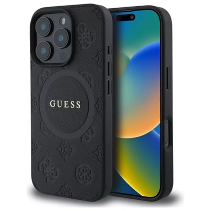 Guess Saffiano Peony Classic Logo MagSafe - dėklas iPhone 16 Pro Max (juoda)