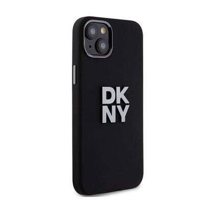DKNY skystas silikonas su metaliniu logotipu – dėklas iPhone 15 Plus / 14 Plus (juodas)