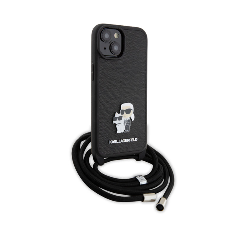 Karl Lagerfeld Rankinukas/Dėklas Saffiano su metaliniu segtuku Karl & Choupette, skirtas iPhone 15 Plus (Juodas)
