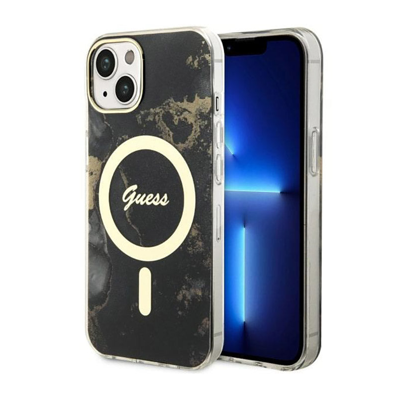 Guess Golden Marble MagSafe – dėklas, skirtas iPhone 14 (juodas)
