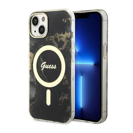 Guess Golden Marble MagSafe – dėklas, skirtas iPhone 14 (juodas)