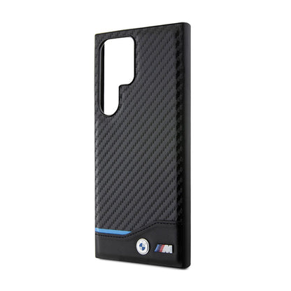 "BMW Leather Carbon Blue Line" dėklas, skirtas "Samsung Galaxy S24 Ultra" (juodas)