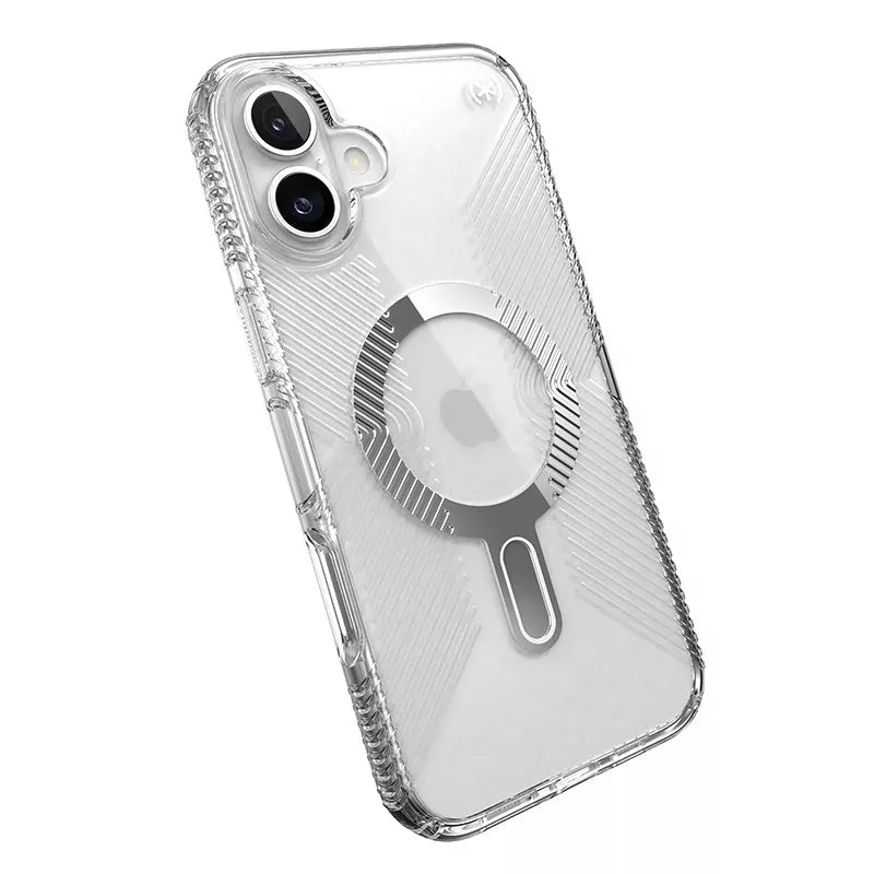 Speck Presidio Perfect-Clear Grip ClickLock & MagSafe – dėklas, skirtas iPhone 16 Plus (skaidrus / chromo apdaila / ramus sidabras)
