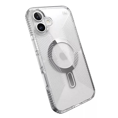 Speck Presidio Perfect-Clear Grip ClickLock & MagSafe – dėklas, skirtas iPhone 16 Plus (skaidrus / chromo apdaila / ramus sidabras)