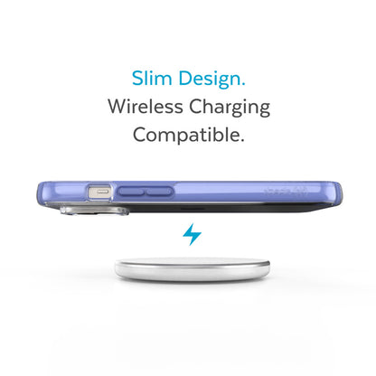 "Speck Presidio Perfect-Clear" su smūgio geometrija - dėklas "iPhone 15 Plus"/"14 Plus" su MICROBAN danga (skaidrus / įžemintas violetinis)