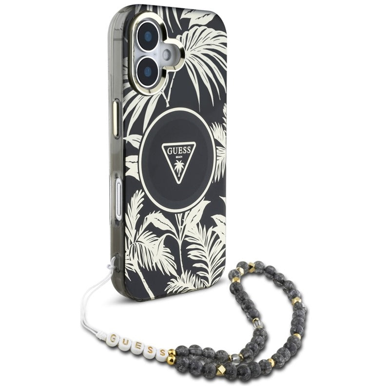 Guess Palm Trees Triangle Pearl Strap MagSafe – dėklas iPhone 16 (juoda)