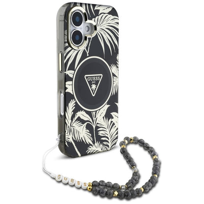 Guess Palm Trees Triangle Pearl Strap MagSafe – dėklas iPhone 16 (juoda)