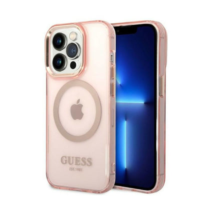 Guess Gold Outline Translucent MagSafe – Dėklas iPhone 14 Pro (rožinis)