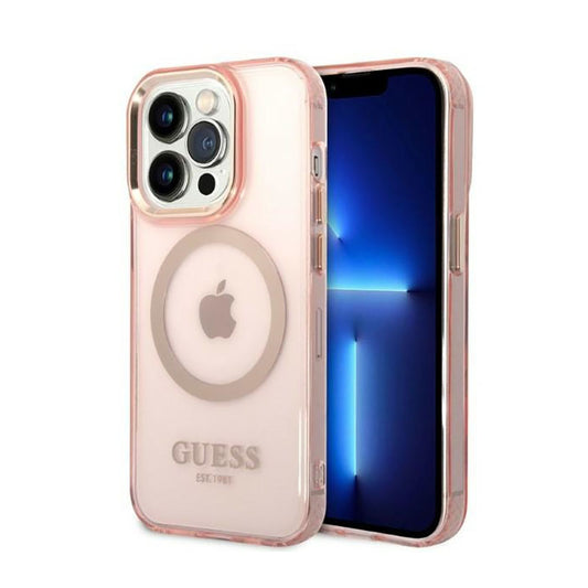 Guess Gold Outline Translucent MagSafe – Dėklas iPhone 14 Pro (rožinis)