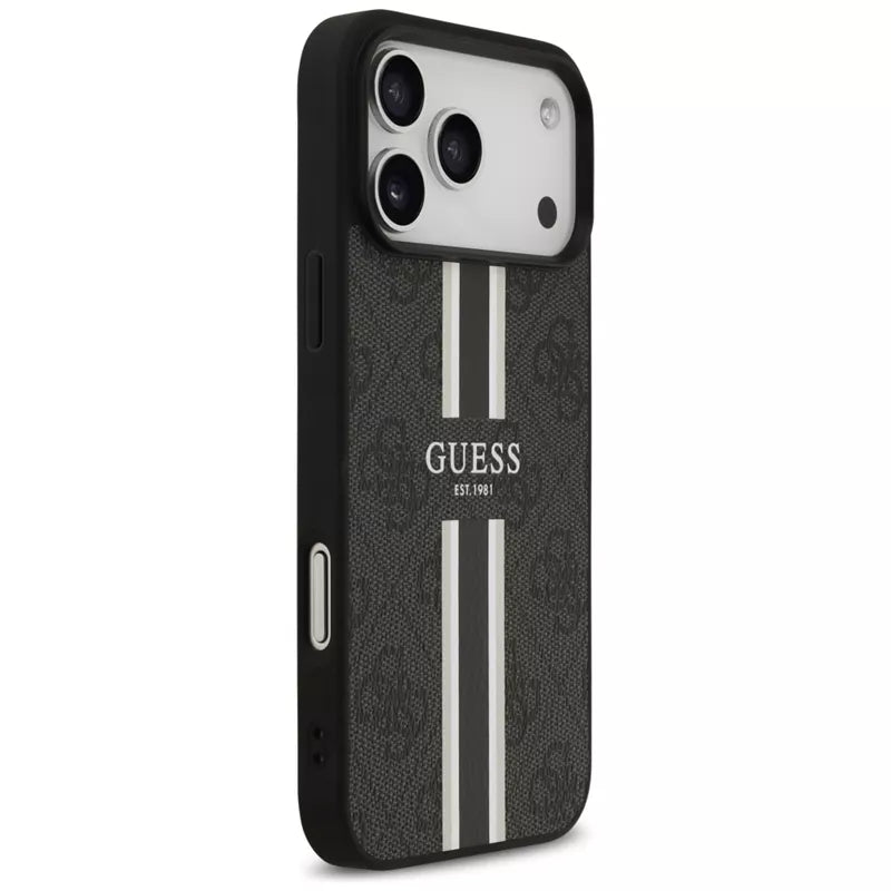 Guess 4G Dryžuoto Spaudinio MagSafe Dėklas iPhone 17 Pro Max (Juodas)