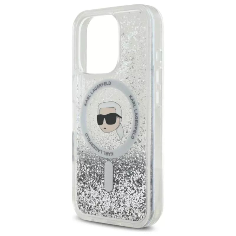 Karl Lagerfeld Liquid Glitter Karl Head MagSafe – Dėklas iPhone 16 Pro Max (skaidrus)