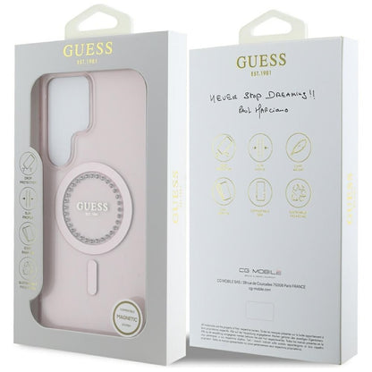 Guess Rhinestones Printed Classic Logo MagSafe – dėklas, skirtas Samsung Galaxy S25 Ultra (rožinis)