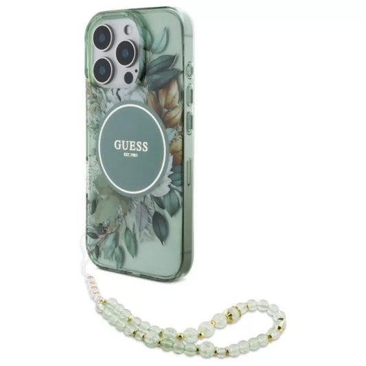 Guess IML Gėlės su perlų dirželiu MagSafe – dėklas, skirtas iPhone 16 Pro Max (Žalias)