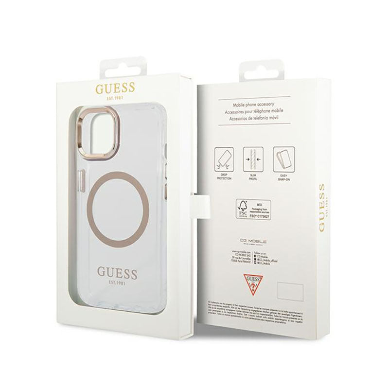 Guess Metal Outline MagSafe – dėklas, skirtas „iPhone 14“ (skaidrus)