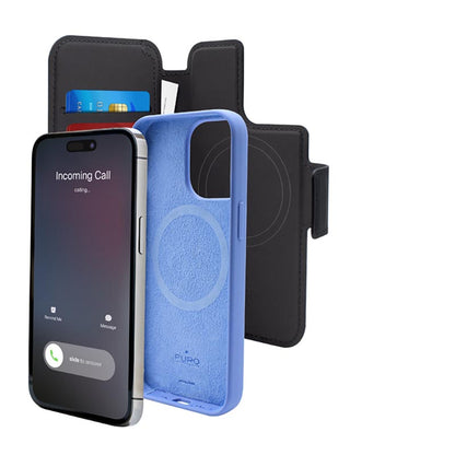 PURO Folio MagSafe dėklas – 2 viename dėklas, skirtas iPhone 14 Pro / 13 Pro (juoda)