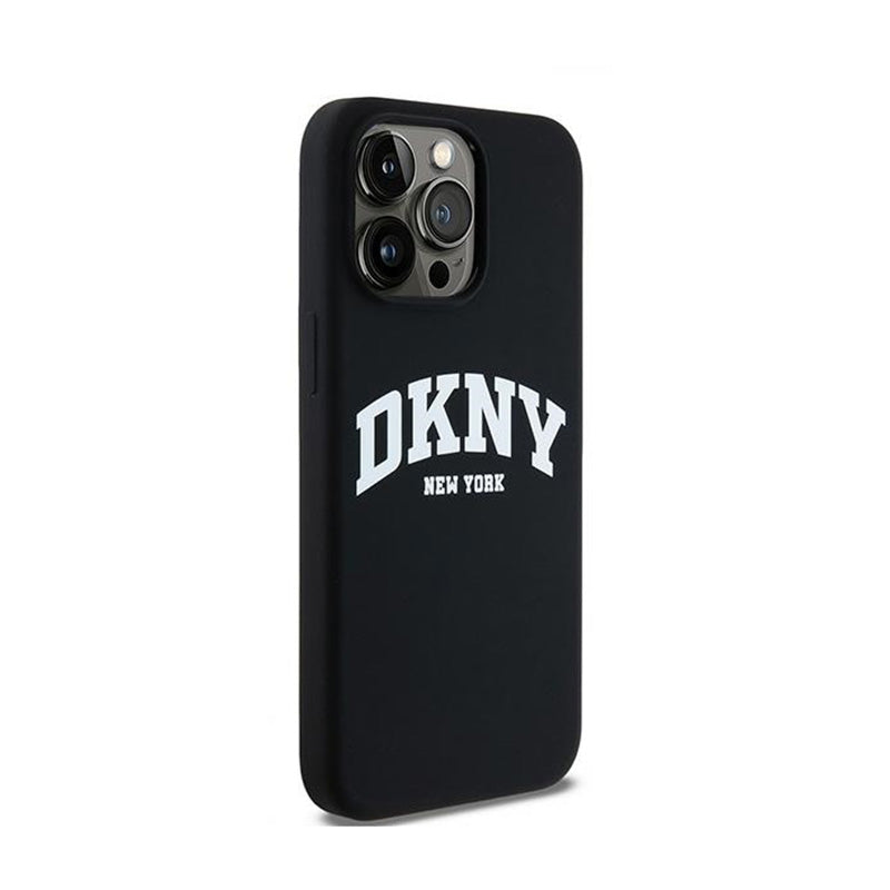 DKNY Liquid Silicone White Printed Logo MagSafe – dėklas, skirtas iPhone 14 Pro Max (juodas)