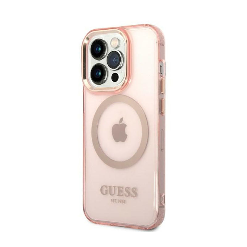 Guess Gold Outline Translucent MagSafe – Dėklas iPhone 14 Pro (rožinis)