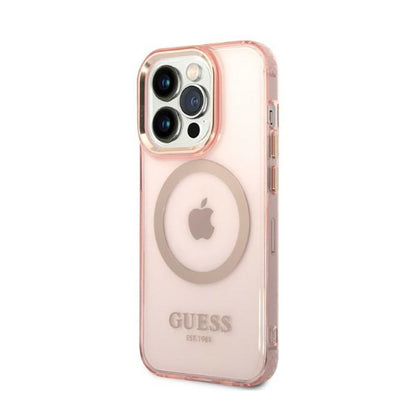 Guess Gold Outline Translucent MagSafe – Dėklas iPhone 14 Pro (rožinis)