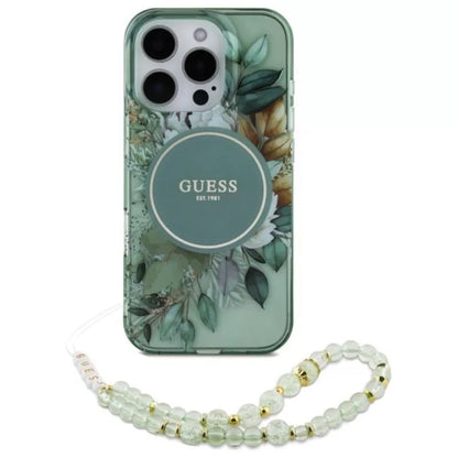 Guess IML Gėlės su perlų dirželiu MagSafe – dėklas, skirtas iPhone 16 Pro Max (Žalias)