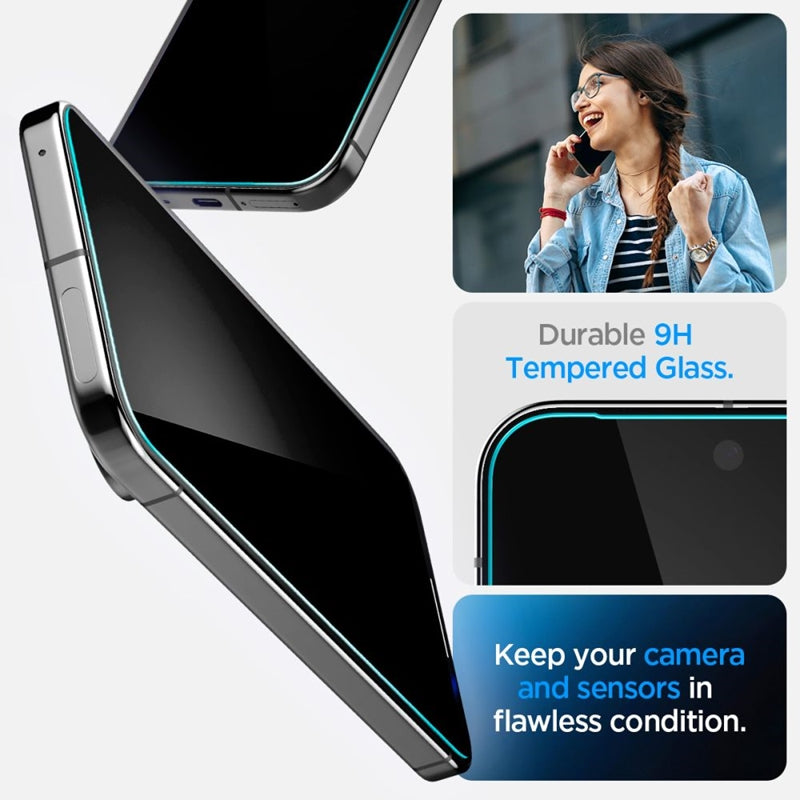 Grūdintas stiklas su privatumo filtru Spigen GLAS.TR EZ FIT Privacy 2 vnt. pakuotė, skirta Google Pixel 9 / 9 Pro / 10 / 10 Pro (2 vnt.)
