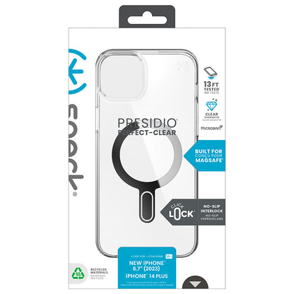 Speck Presidio Perfect-Clear ClickLock & Magsafe - iPhone 15 Plus / iPhone 14 Plus dėklas (Skaidrus / Chromo apdaila / Serene Silver)