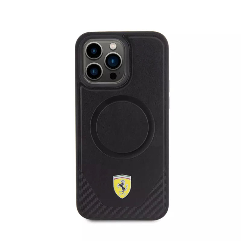 Ferrari Carbon Metal Logo MagSafe - dėklas, skirtas iPhone 15 Pro Max (juodas)