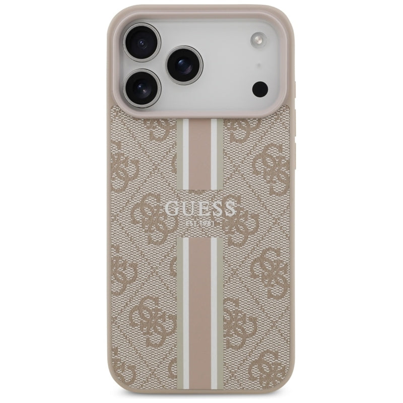 Guess 4G Spausdintos juostelės MagSafe dėklas iPhone 17 Pro Max (rožinis)