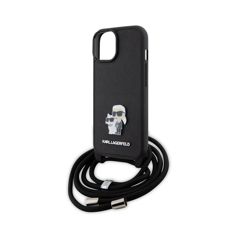 Karl Lagerfeld Rankinukas/Dėklas Saffiano su metaliniu segtuku Karl & Choupette, skirtas iPhone 15 Plus (Juodas)