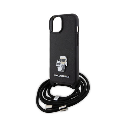 Karl Lagerfeld Rankinukas/Dėklas Saffiano su metaliniu segtuku Karl & Choupette, skirtas iPhone 15 Plus (Juodas)