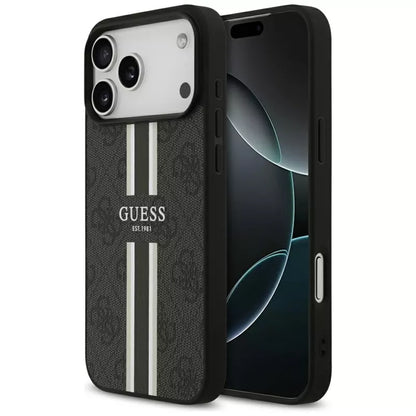 Guess 4G Dryžuoto Spaudinio MagSafe Dėklas iPhone 17 Pro Max (Juodas)