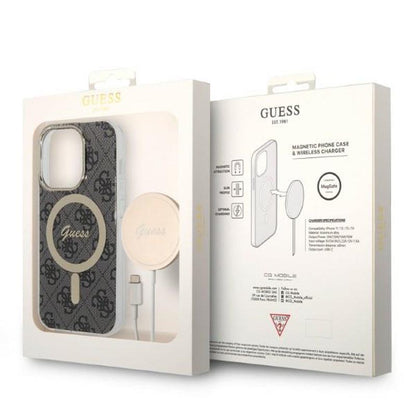 Guess Bundle Pack MagSafe 4G – Dėklo ir MagSafe įkroviklio rinkinys, skirtas „iPhone 14 Pro Max“ (juoda/auksinė)