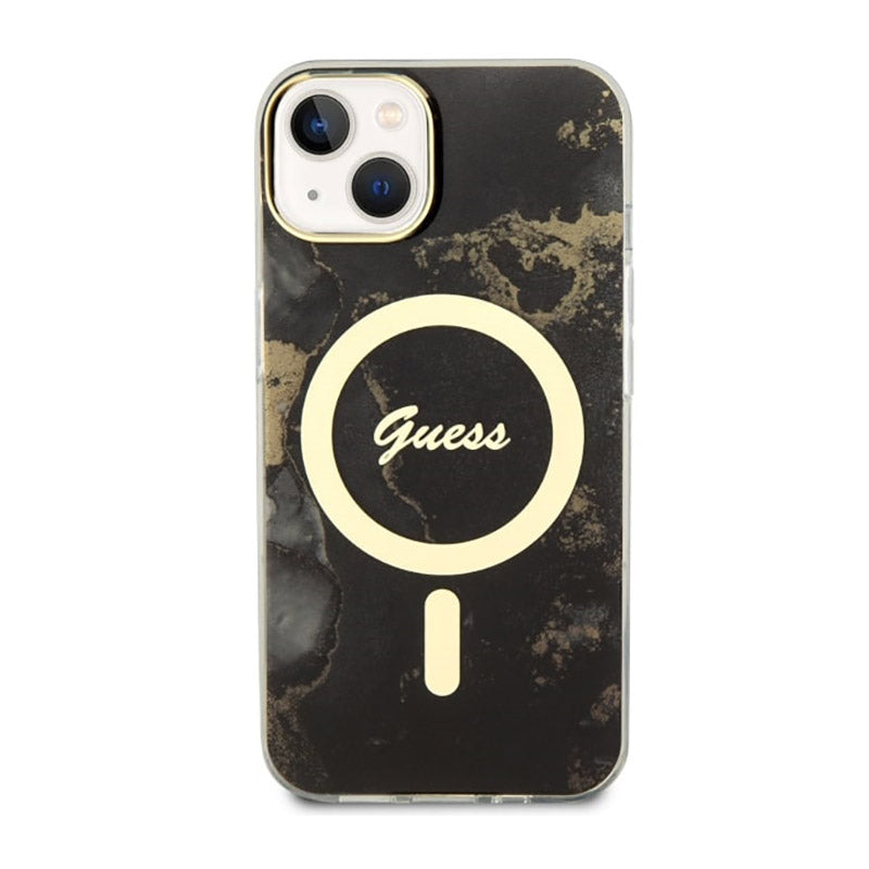Guess Golden Marble MagSafe – dėklas, skirtas iPhone 14 (juodas)