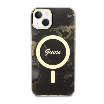 Guess Golden Marble MagSafe – dėklas, skirtas iPhone 14 (juodas)